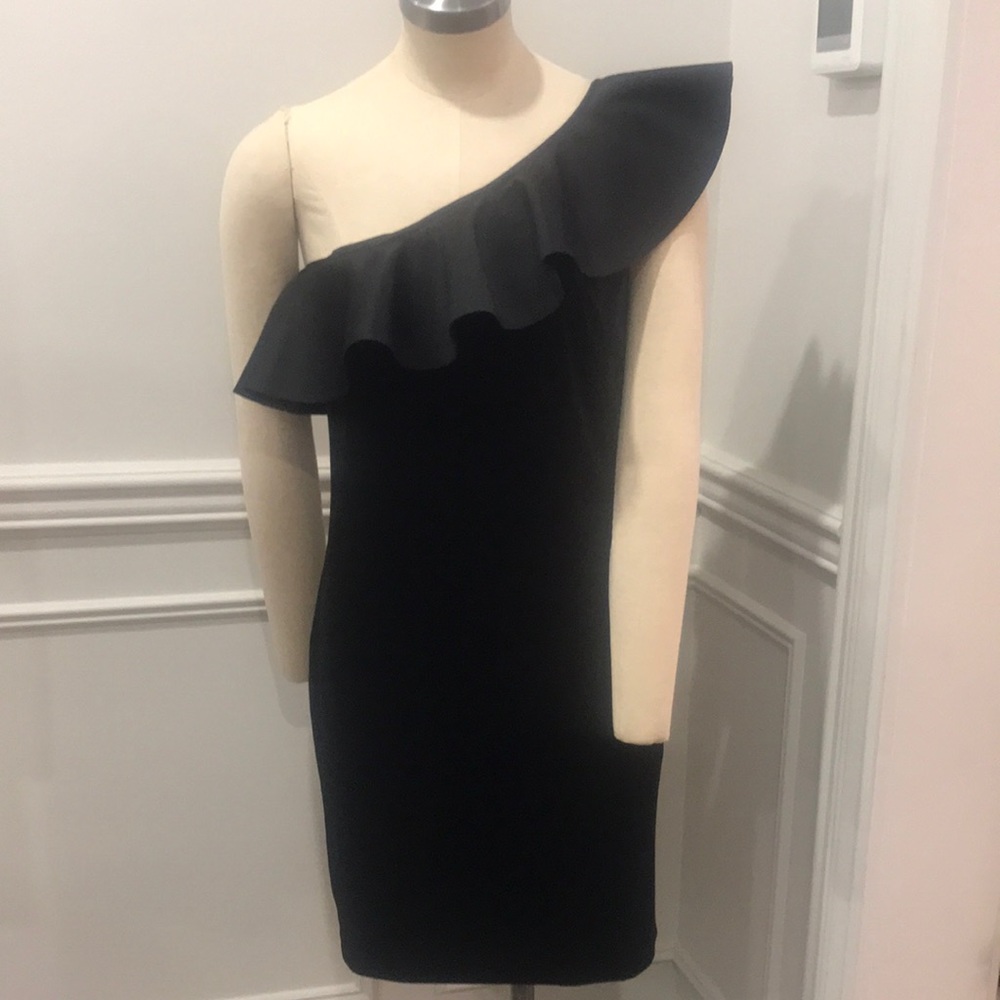 H&M Gold Collection Black Velour one shoulder dress Size 10 stretchy fit
